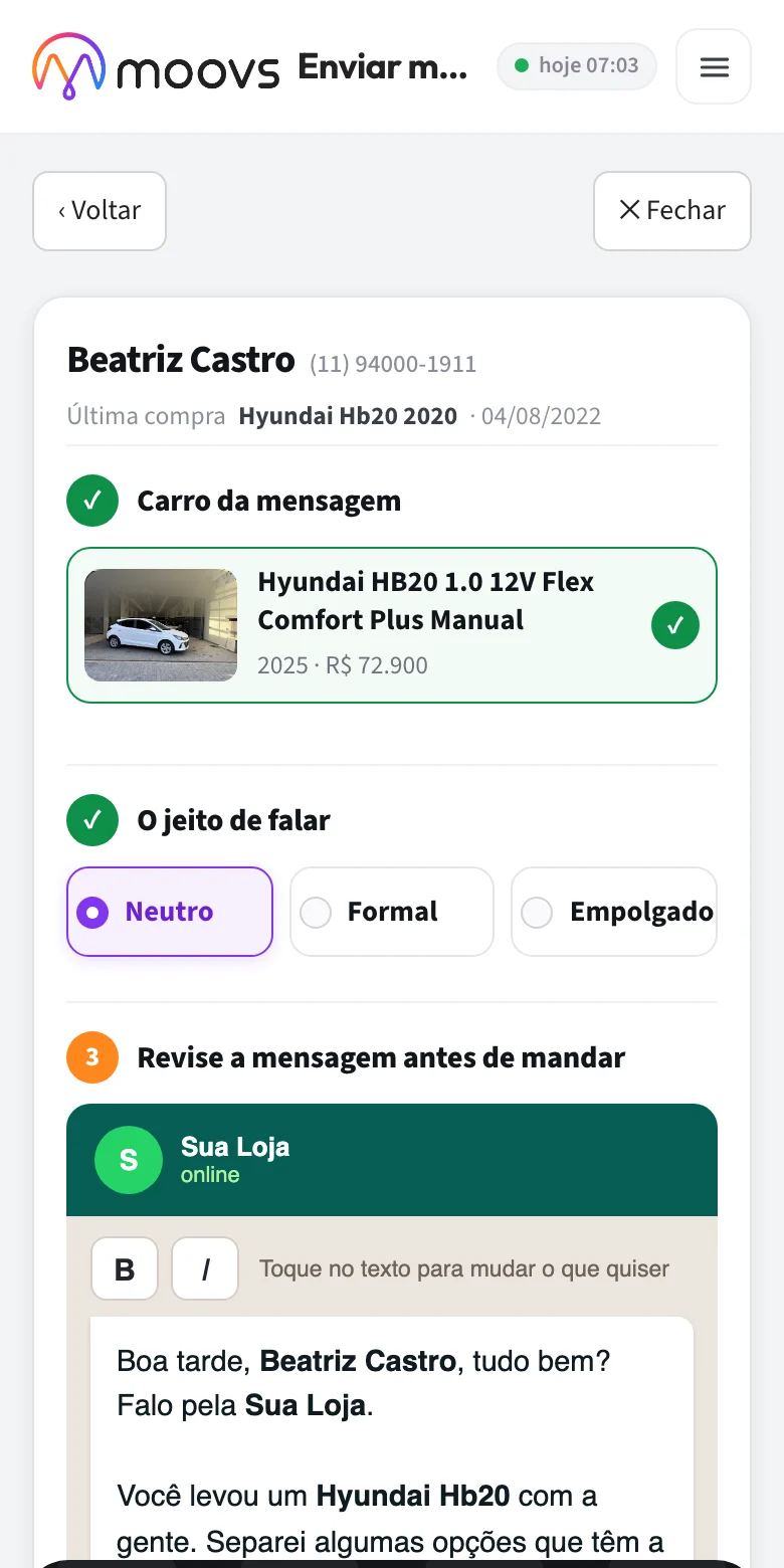 Tela de envio com o carro e o jeito de falar